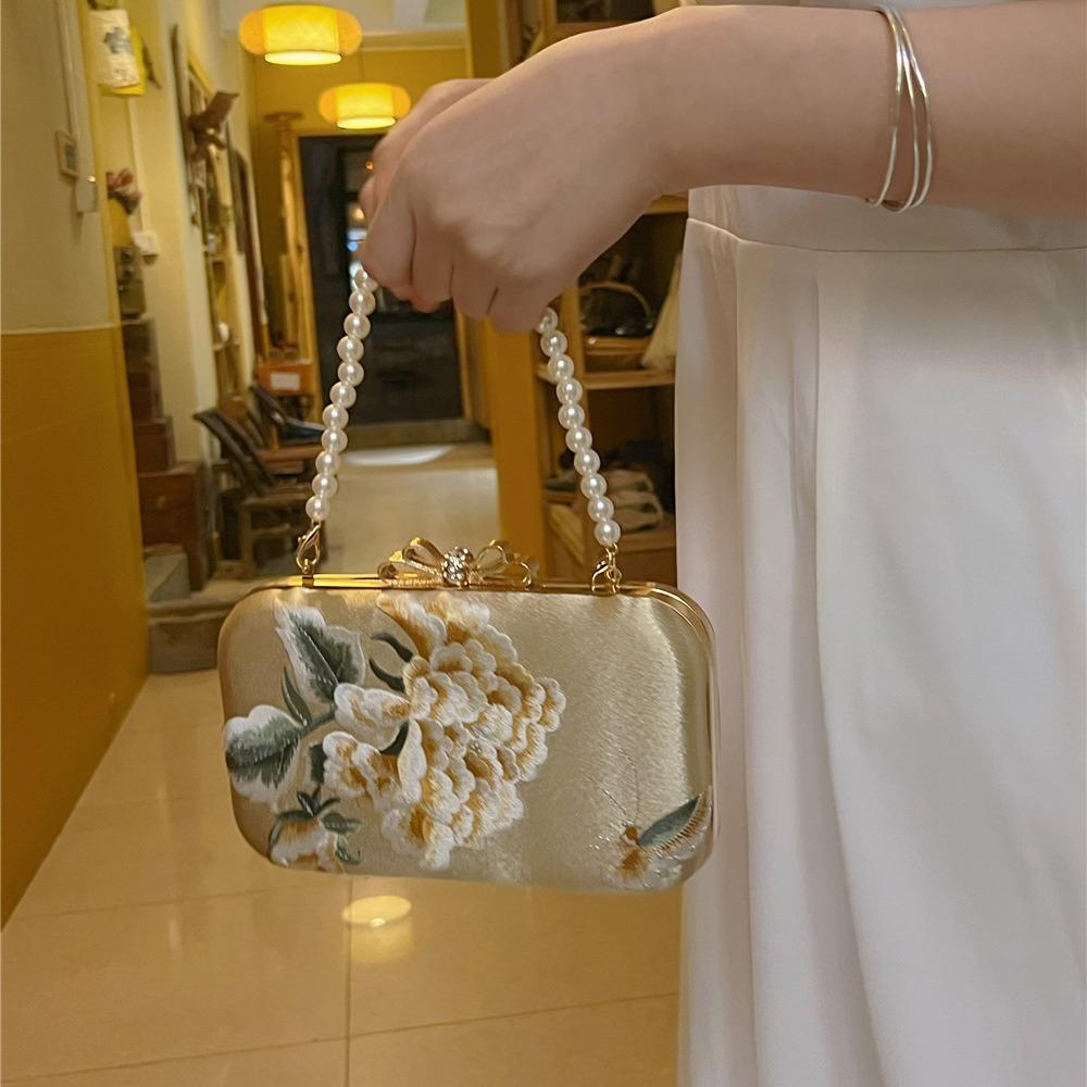 Golden Peony Handbag Cheongsam Handbag Small Square Embroidery Bag Banquet Wedding Bag Clutch Purses for Women Evening