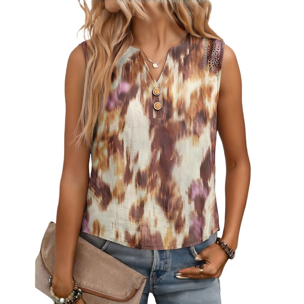 Women's Casual, Loose-Fitting, Printed, Sleeveless Linen Blouse