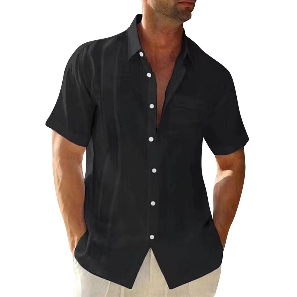 Summer Men's Collar Pocket Short Sleeved Cardigan Solid Color Shirt Top