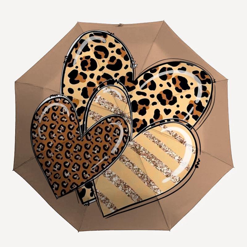 1pc Leopard Print Hearts Automatic Open/Close Umbrella Compact Folding Umbrella, All-Season Portable Umbrella for Women/Men220