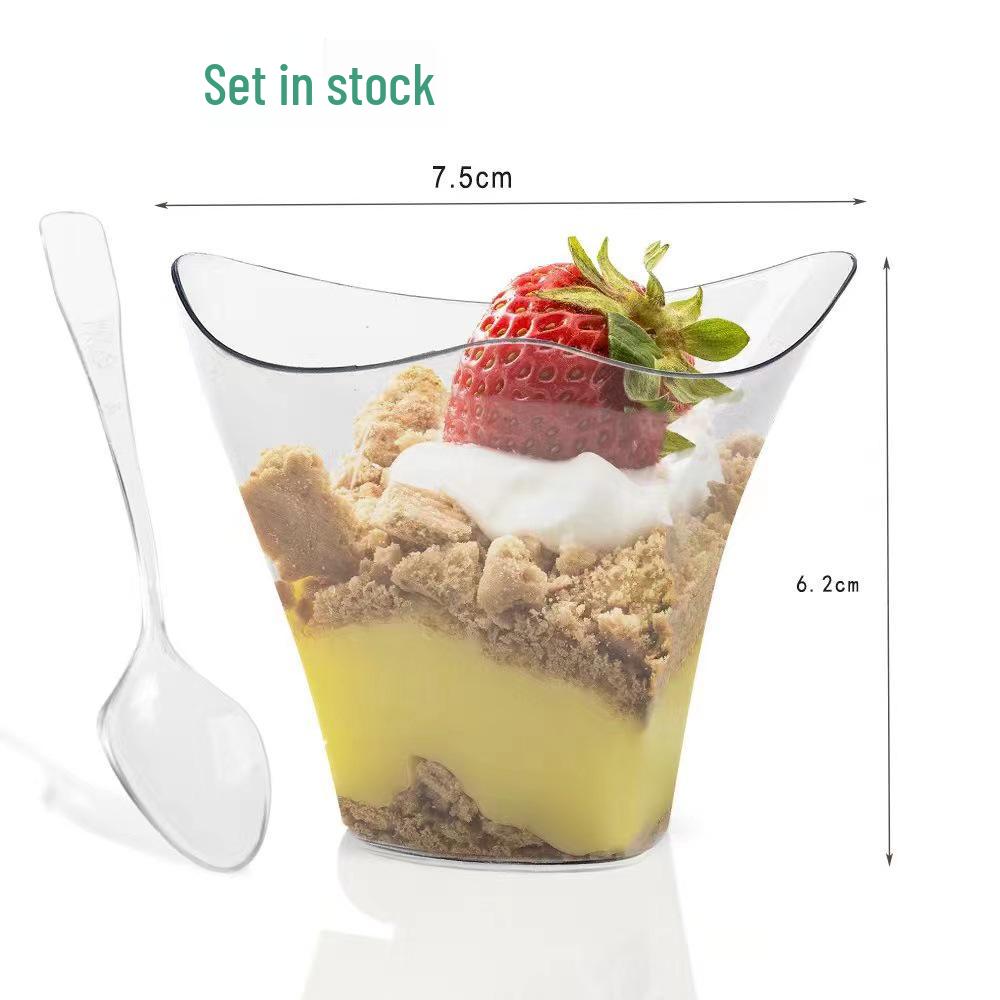 100ml Transparent PS Plastic Mousse Cup with Spoon - Irregular Shape, 3.4oz, Ideal for Pudding or Milk Tea.