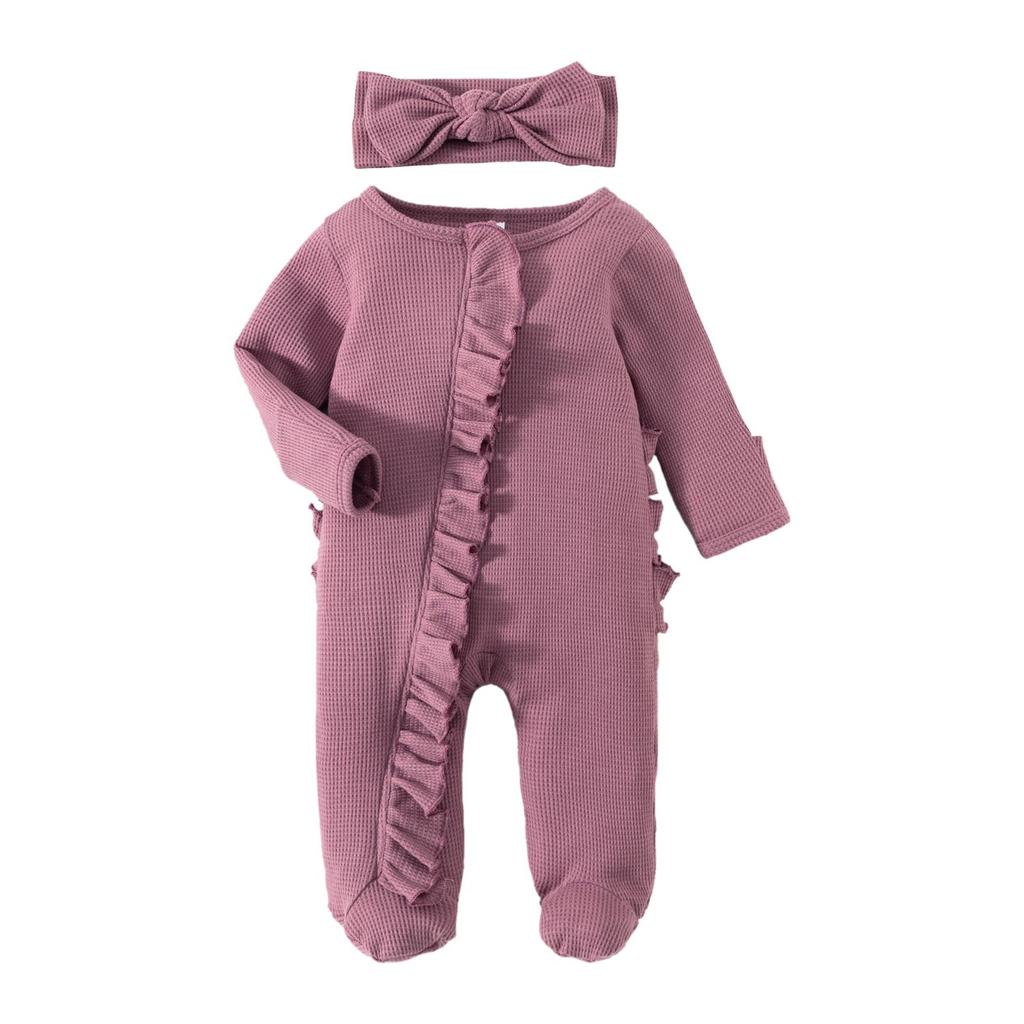Footies för spädbarnsflickor 3M 6M 12M Enfärgade krusiduller Rundhals Långärmad Baby Jumpsuits Nyfödda Kläder Bodysuits med pannband