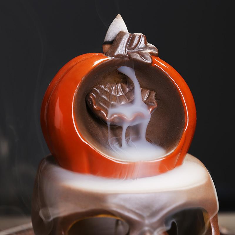 Skull Pumpkin LED Light Backflow Censer Ceramic Craft Creative Halloween Gift with Mesmerizing Skull Table Decoration