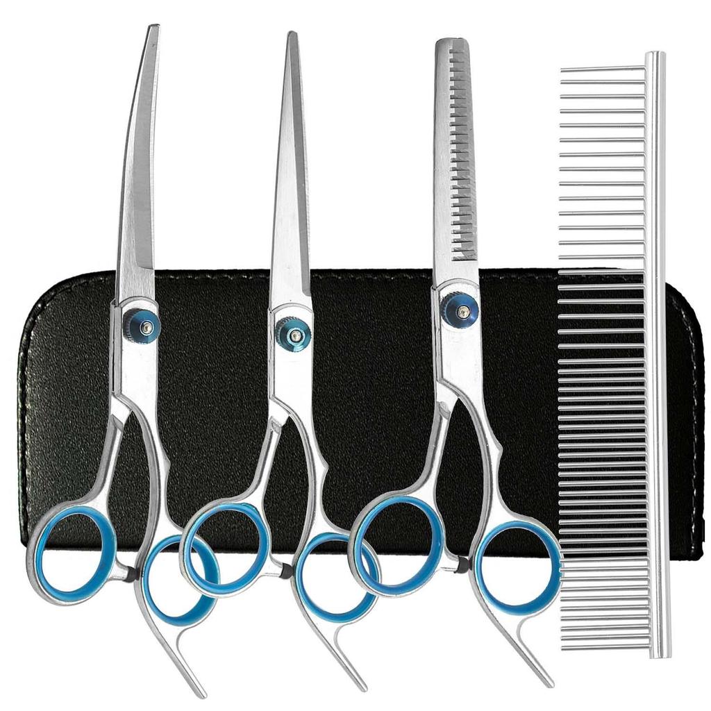 Portable Pet Grooming Scissor Set: Flat & Curved Hairdressing Tools