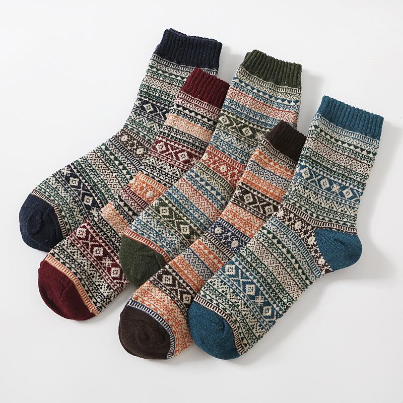 5/10 Pairs Autumn Winter Thickened Warm Socks Men's Retro Ethnic Style Small Diamond Wool Socks Mid Calf Socks Comfortable