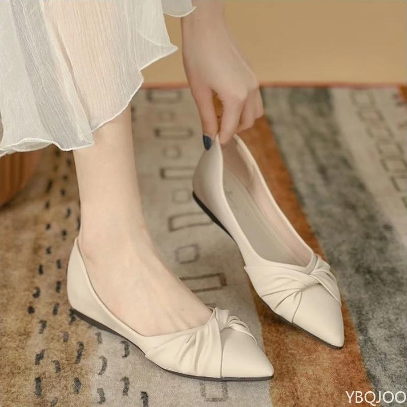 Fashion Butterfly Knot Womens Flats Pointed Soft Leather Single Shoe Summer Lightweight Bean Shoes Casual Comfortable Ladies Shoes Mujer
