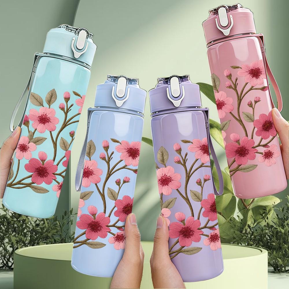 1PC Pink Plum Blossom Floral Branch 750ml Color Plastic Sports Water Bottle Leakproof Flip Straw Lid For Sports Office Home Use