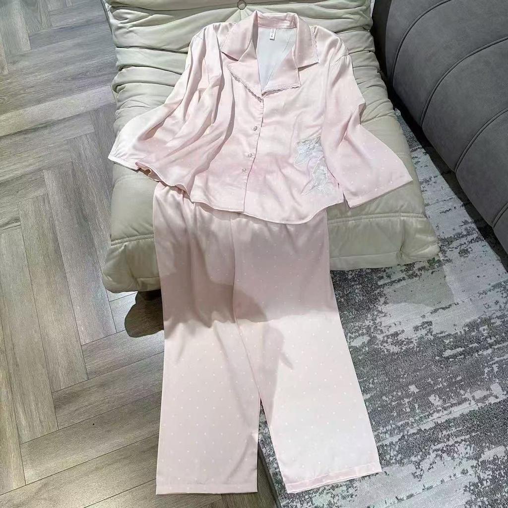 Pajamas women's ice silk autumn and winter new polka dot long-sleeved lace high-end bow loungewear set can be worn outside