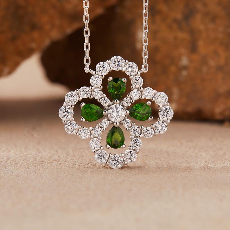 Natural Tanzanite Garnet Aquamarine Diopside Clover Colored Treasure Necklace Women'S S925 Sterling Silver Gem Pendant