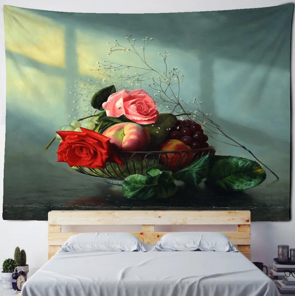 Einfache Europäische Blumen- und Frucht-Ölgemälde-Wandteppich Psychedelische Kunst Schlafzimmer Wohnzimmer Heimdeko Wandbehang