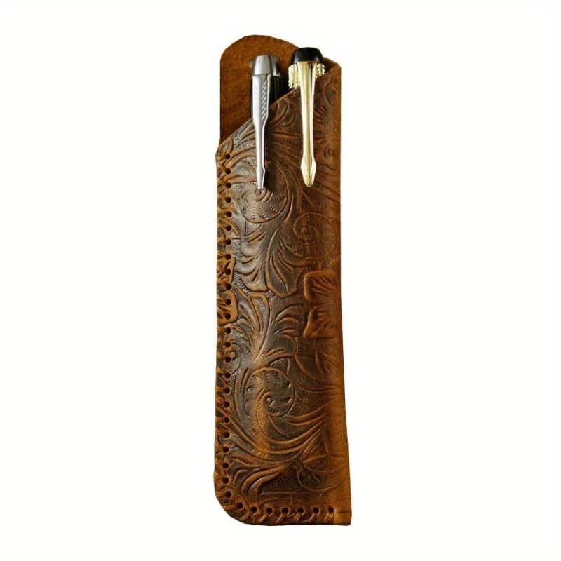 Echtes Leder Vintage Handgefertigte Stifttasche Erste Schicht Rindsleder Geprägtes Blumenmuster Outdoor Kreatives Schutzetui Geschenk