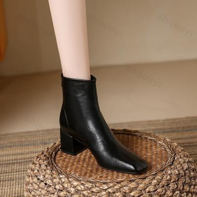 Fashion Women's Leather Boots 2025 Autumn New Dress Women Short Boots Fashion Mid-Heel Women's Ankle Boots High Heels Zapatos De Mujer