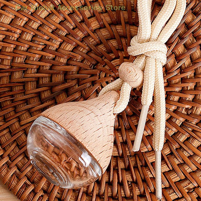6ML Empty Car Air Freshener Pendant Perfume Glass Bottle With Wooden Caps Refillable Car Essential Oil Diffuser Bottle