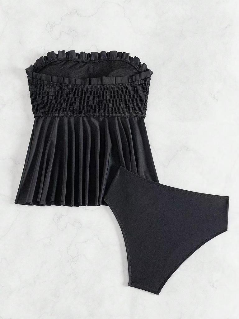 2025 European & American Women's Sexy Halterneck Tummy Control Black Two-Piece Bikini Skirt