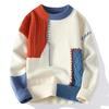 Höst Vinter Varma Herrstickade Tröjor Mode Patchwork O-hals Stickade Pullovrar Koreansk Streetwear Pullover Casual Herrkläder