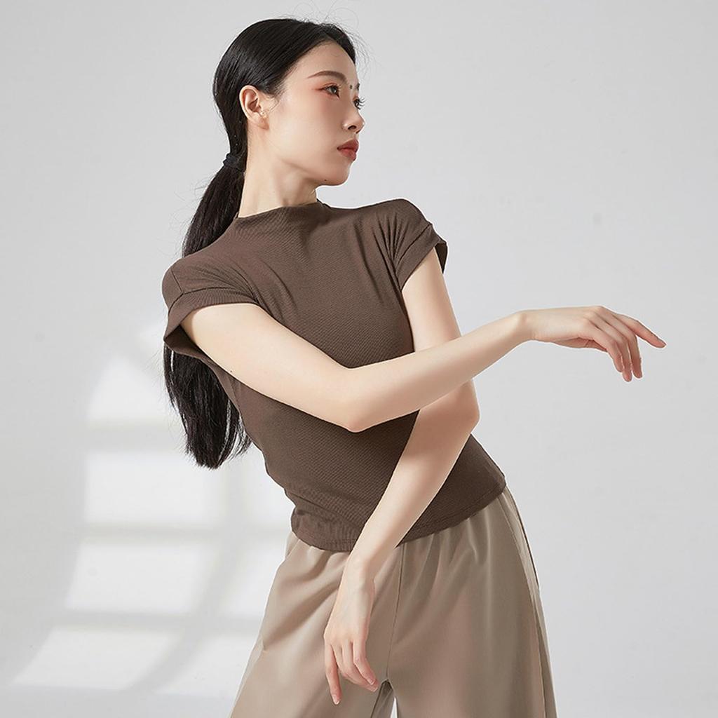 Yuoku Short Sleeve Ballet Blouse with High Stretch Top for Practice and Classical Ballroom Dance Costume High Women's Neck, Lessons, Dance, (Size L,