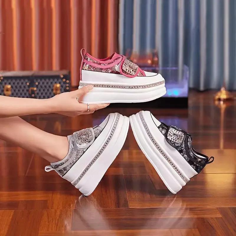 Fashion Women 8CM Platform Casual Outdoor Shoes Rhinestone Shine Decoration Sneakers Lace  Walking Sport Breathable Thick Bottom Shoes