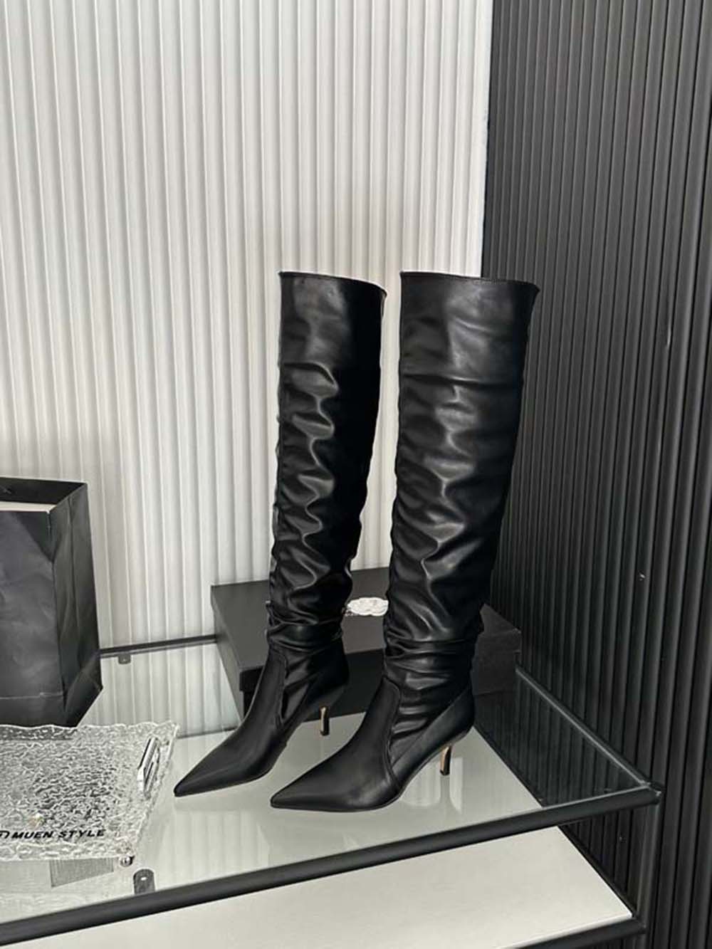 

модні сексуальні жіночі чоботи вище коліна Чоботи челсі з гострим носком Сині чорно-білі джинсові тканинні зимові туфлі під одягом Осінні чоботи 5.5 чорний