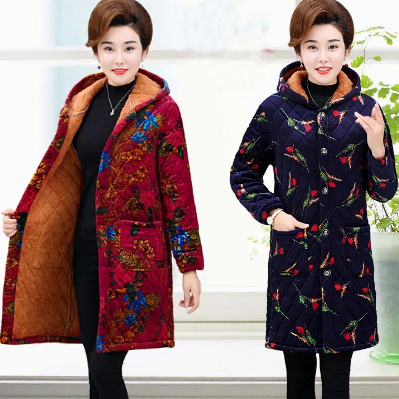 Dámská podzimní hřejivá malá prošívaná sametová bunda s kapucí pro ženy středního věku a starší matky plus dámský kabát