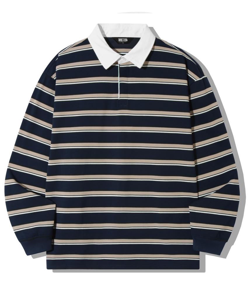 TRILLION Striped Rugby Oversized Pique Polo Shirt [Navy]