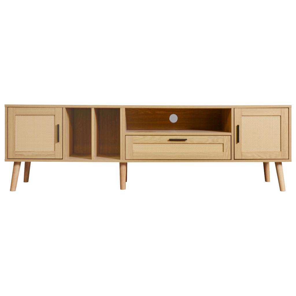 Spacious 180 Cm TV Cabinet with Rattan Decoration, 2 Doors and One Drawer, Solid Wood Legs, Provides Space for an 80-Inch TV, TV Storage Cabinet