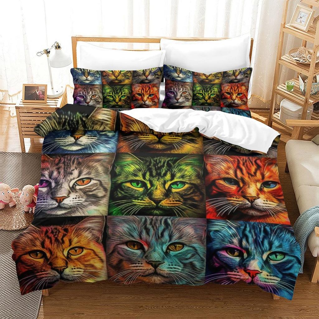 Colorful Cat 3D Digital Printing Polyester Quilt Cover Two Or Three Pieces Can Be