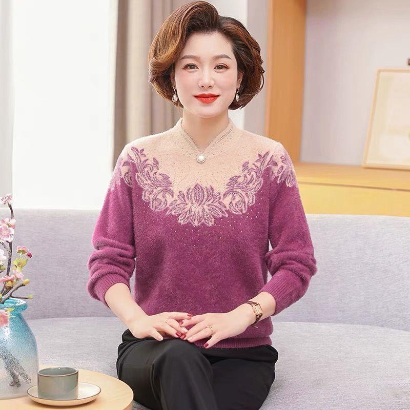 Autumn and Winter Women's Mink Fleece Sweaters Thick and Warm Plush Pullover Knitted Sweaters Stretch Print Flocked Knit Tops