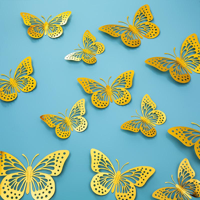 3D Imitation Metal Butterfly Wall Decor Stickers - Hollow Design for Living Room