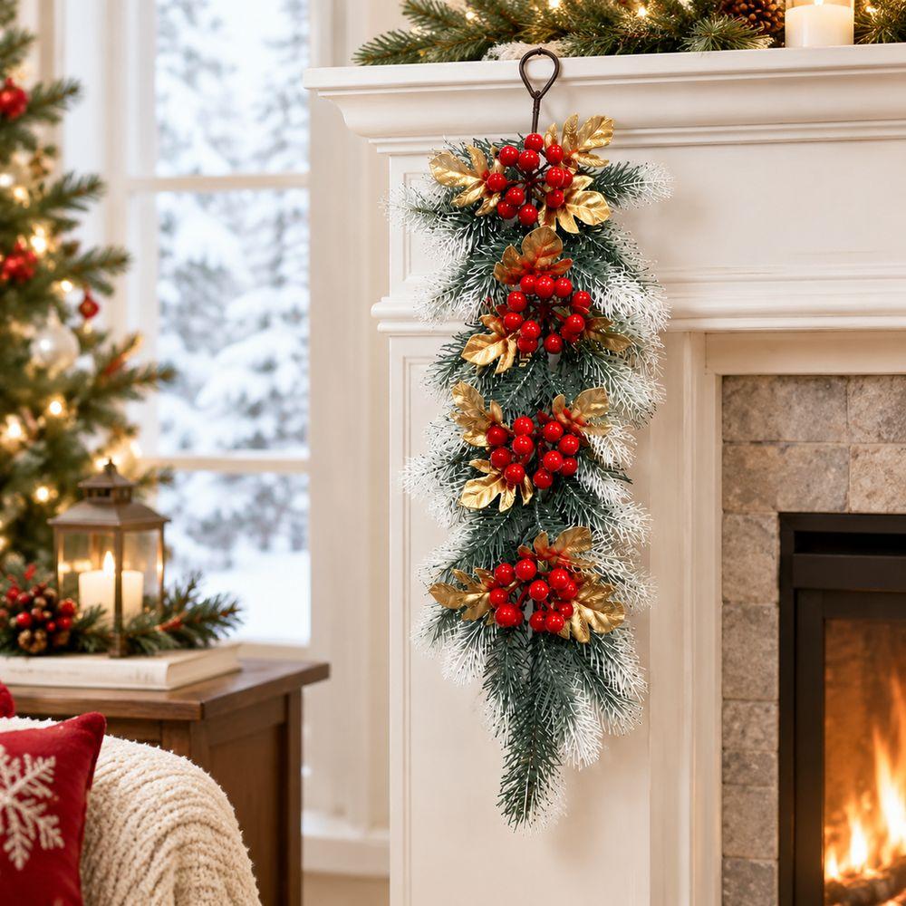 Red Berries Christmas Pine Garland Snow Flocked Red Berry Garland Fireplace Decoration