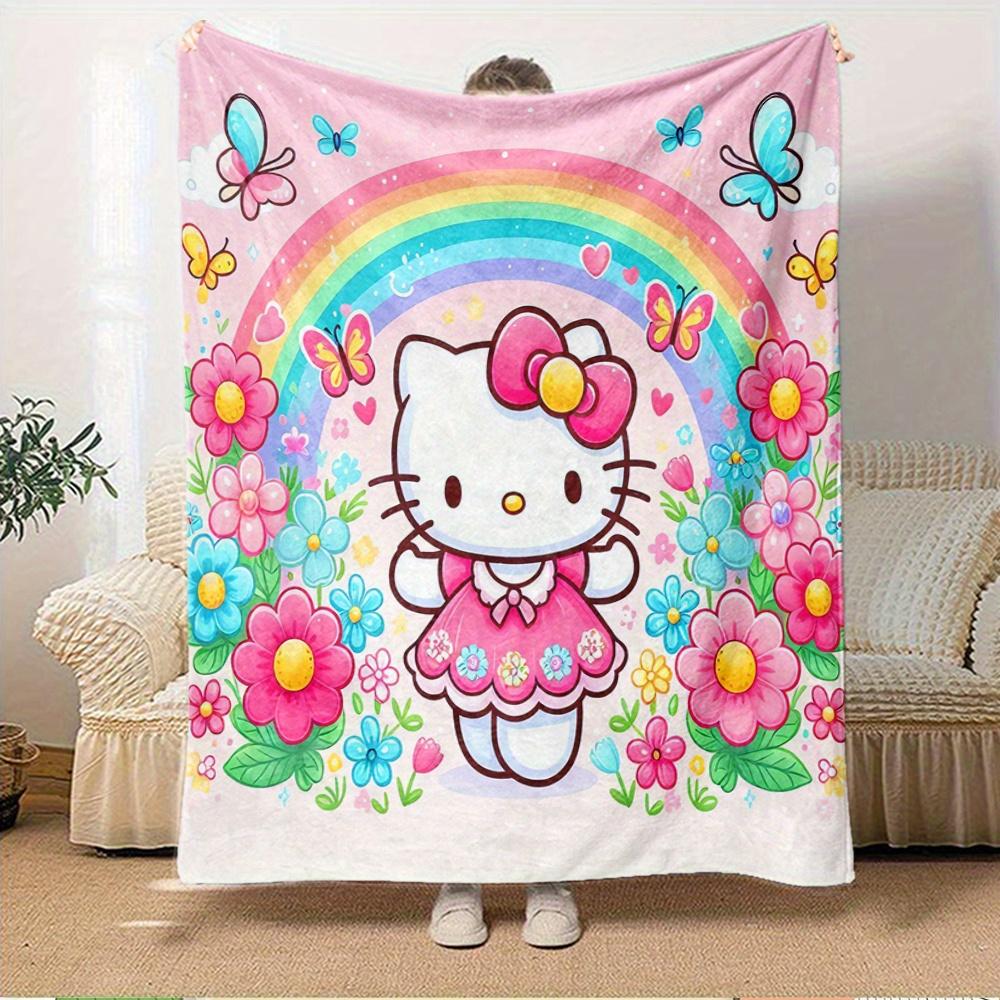 For Hello Kitty, Rainbow, FlowersAnime-Themed Flannel Blanket, Glam Style, Digital Print, All-Season Comfort, Tear-Resistant, Knitted Crafts