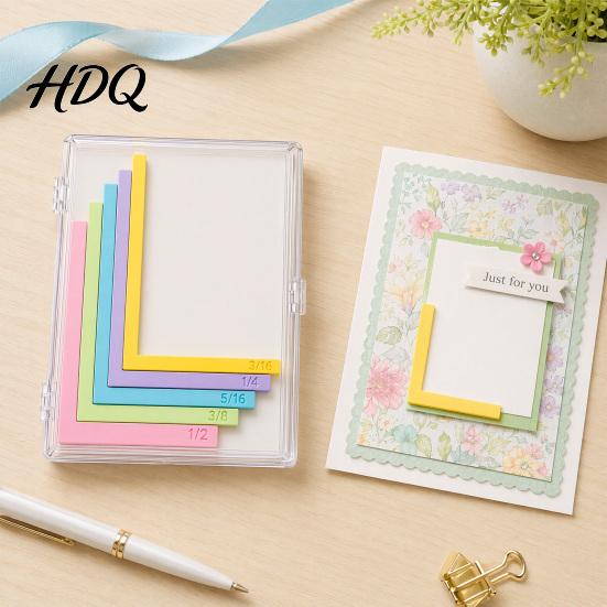 Scrapbook Paper Alignment Crafting Guides with Storage Case 5 Pcs Color-Coded L-Shaped Flat Border Guide Spacers Size Tabs for Card Making