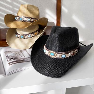 Turquoise PU Belt Cowgirl Hat for Girl Western Panamas Hat Handwoven Straw Hat Beach Vacation Hat Elegant Straw Sun Hat