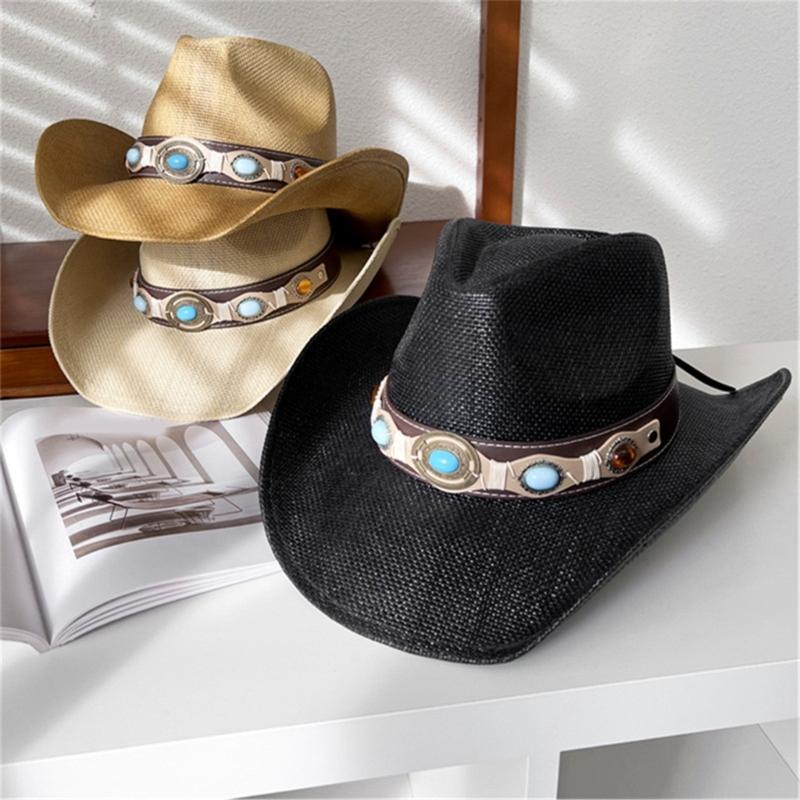 Handwoven Straw Hat for Female Cowgirl Hat with PU Belt Fashion Panamas Hat Music Festival Cowgirl Hat for Seasides Travel