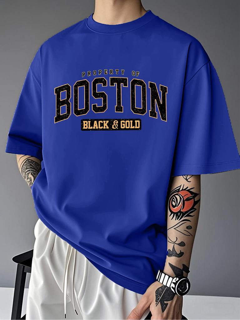 Vintage Boston Black And Gold Graphic Unisexs T Shirt Varsity City Letter Short Sleeve Crew Neck Cotton Tee Street Casual Top
