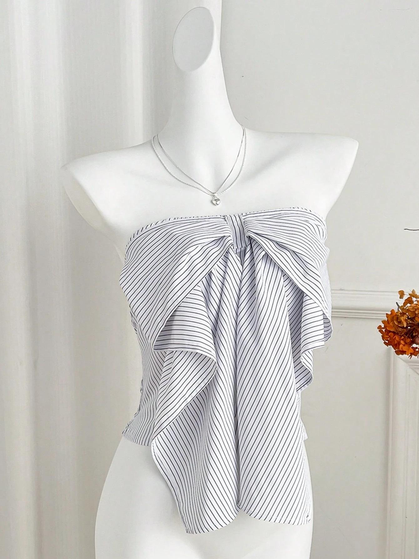 Bowknot Contrasting Strapless Tank Top - Women s Summer Slim Fit Sleeveless Crop Top Large
