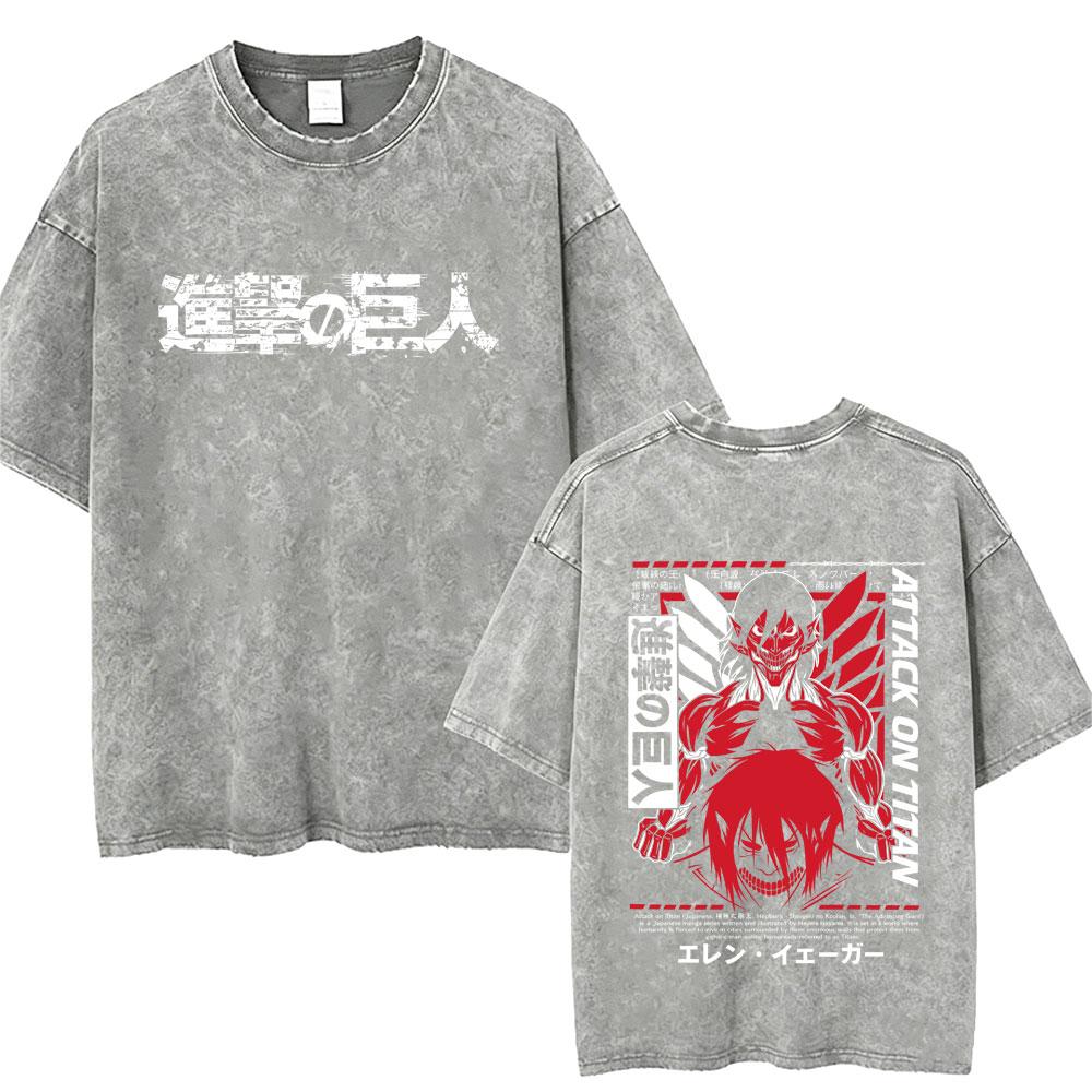 Washed Vintage Anime Attack on Titan Tshirts Eren Jaeger Graphic Tshirt Men Women Manga Retro Oversized Short Sleeve T Shirts