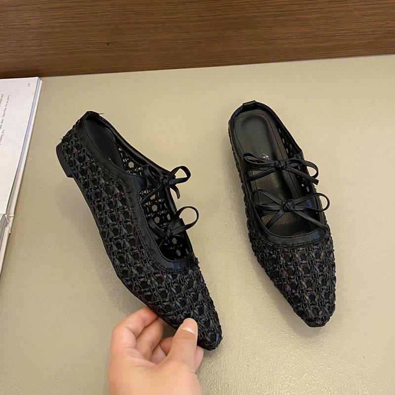 

Празднуйте Женские Плетеные Тапочки На Шнуровке Сандалии на Среднем Каблуке Повседневная Однотонная Женская Обувь Лето Новые Баотоу Полумюли Мелкие Слайды 35 чёрный