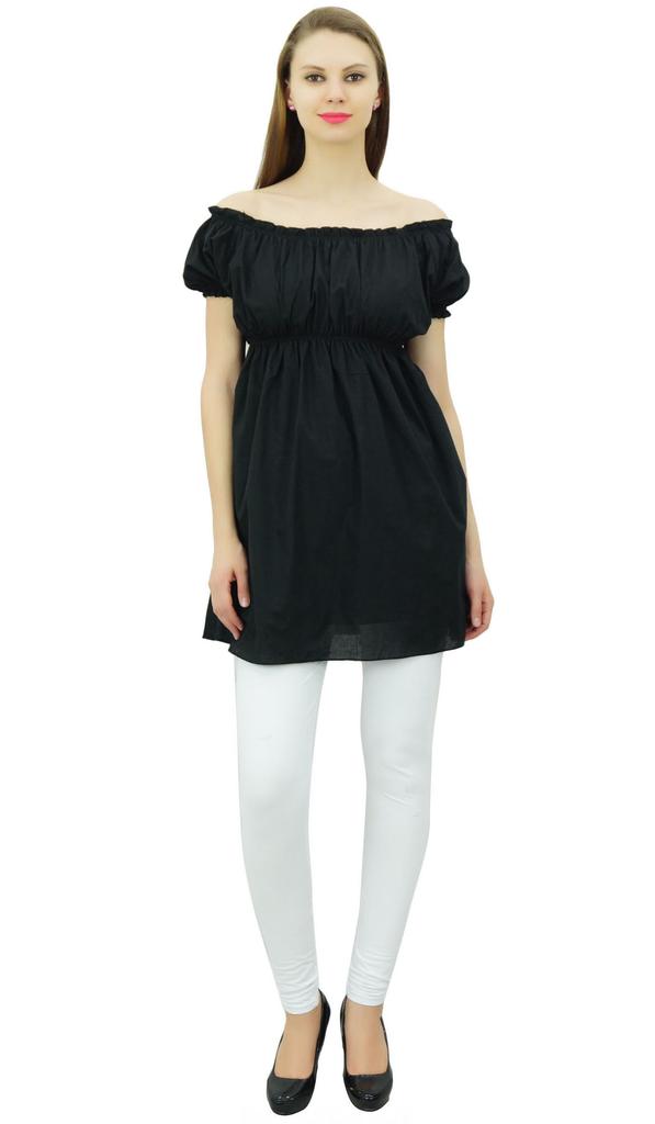 Bimba Women's Off shoulder Puff Sleeve Tops Elastic Waist Blouse Cotton