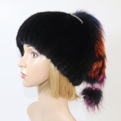 New Women Knitted Real Mink Fur Hat With Fox Tail Luxury Quality Real Mink Fur Cap Lady Winter Warm 100% Real Mink Fur Hats