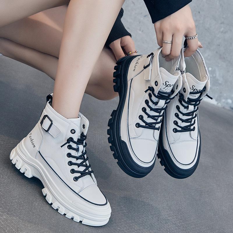 Women's White High-Top Casual Sneakers - 2024 Korean Style, Thick-Soled Martin Short Boots for Autumn/Winter