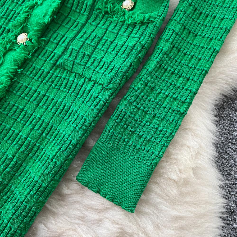 Neue Damenkleider Herbst Winter Vintage Patchwork Strick-Midikleid Elegant V-Ausschnitt Damen Rüschenhemd Pulloverkleid