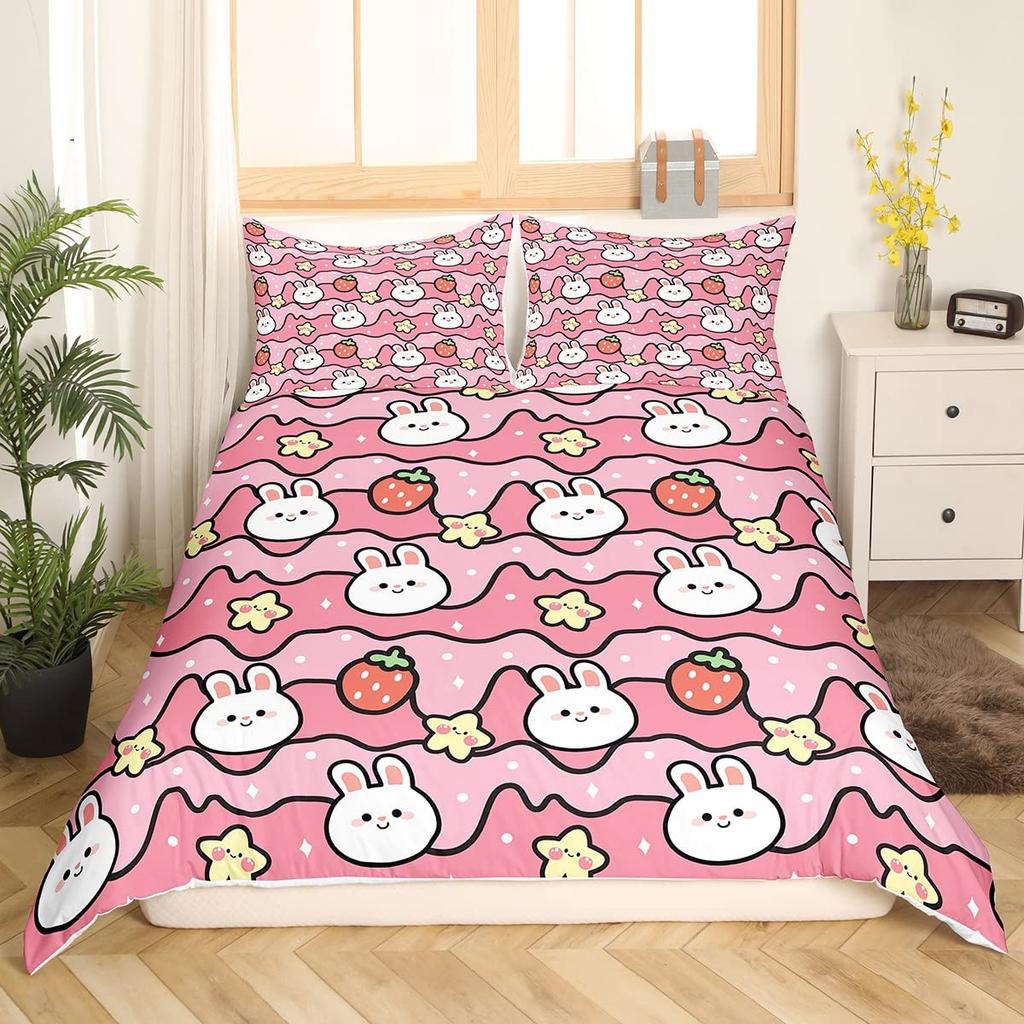 Rabbit Print Kids Girls King Queen Duvet Cover Cartoon Pink Little Bunny Comforter Cover Animal Floral Polyester Bedding Set