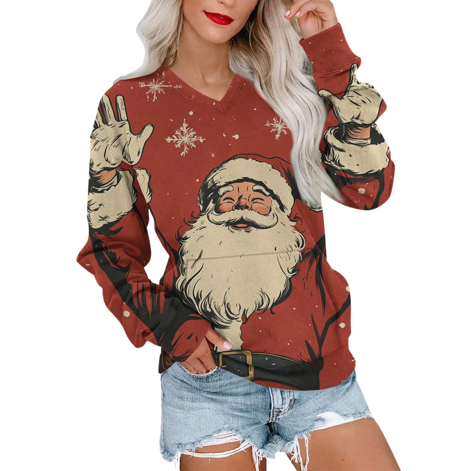 

Женская рождественская толстовка с V-образным вырезом, длинный рукав, повседневный легкий пуловер L киноварь