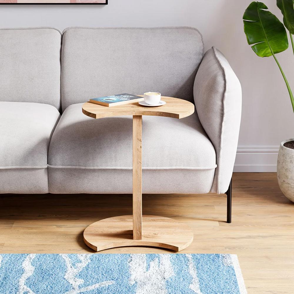 Kávový stolek ve tvaru C, Pojízdný boční stolek, Dekor Atlantic Pine, Pojízdný stolek k pohovce z dřevotřísky, Noční stolek