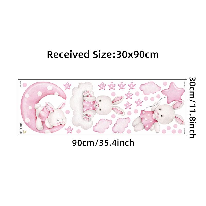 Watercolor Soft Pink 3 Bunnies Rabbit Moon Clouds Stars Wall Stickers for Kids Room Baby Nursery Room Wall Decals Home Decor PVC