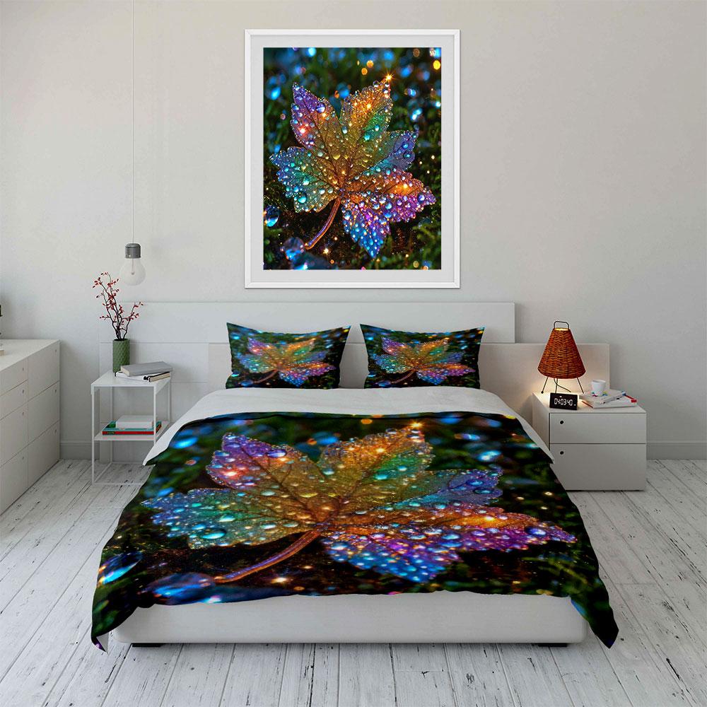 Rainbow Leaf Bedding Set, Magical Colorful Maple Leaf with Dewdrops Print Duvet Cover + 2 Pillowcases, Enchanted Nature Decor