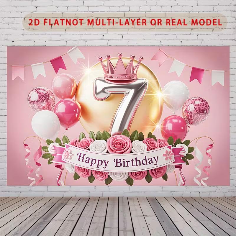 2D Pink 7th Birthday Background Cloth Crown Balloon Theme 47.2x31.5inch/120*80cm