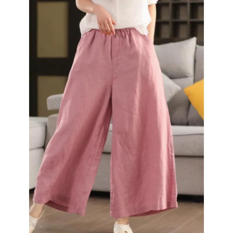 Johnature Women Vintage Linen Wide Leg Pants Elastic Waist Solid Color Trousers Spring Loose Casual Female Long Pants