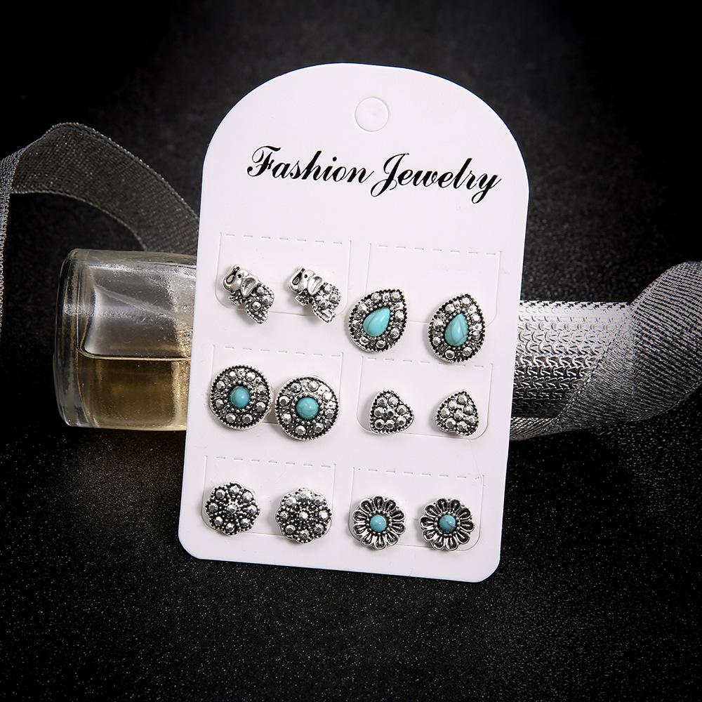 Bohemian Retro Hollow Elephant Turquoise Diamond Stud Earrings Combination Set