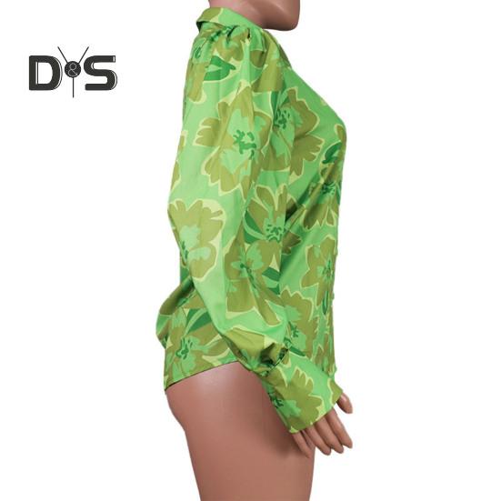 Damska koszula z klapami, bufiastymi rękawami, topy z kwiatowym nadrukiem, jednorzędowa, luźna, cienka bluzka odzież robocza